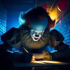 a creepy clown writing on a piece of paper