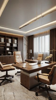 an office with two desks and chairs in front of a book shelf filled with books