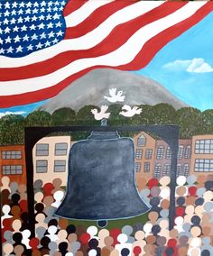 a painting with an american flag and a large bell in the middle of a city