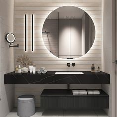 a bathroom with a sink, mirror and stool