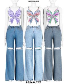 three mannequins with different colored bows on their tops and bottom, one in blue