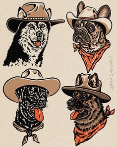 three dogs wearing hats and bandanas on their heads, one with a cowboy hat