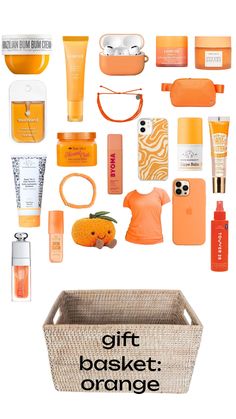 an assortment of oranges and skin care products arranged in the shape of a basket