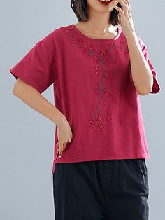 SPU:E54SH4Q1FA3Pattern Type:FloralSleeve Type:Short SleeveMaterial:CottonNeckline:Round NeckOccasion:Daytime,Going outStyle:CasualTheme:SummerColor:Wine Red,White,Green,PinkSize:M,L,XL,XXL,3XLSleeve Length (cm):M:17, L:18, XL:19, XXL:20, 3XL:21Shoulder (cm):M:50, L:51, XL:52, XXL:53, 3XL:54Length (cm):M:60-63, L:61-64, XL:62-65, XXL:63-66, 3XL:64-67Bust (cm):M:104, L:108, XL:112, XXL:116, 3XL:120Size ChartSizeSleeve LengthShoulderLengthBustcminchcminchcminchcminchM176.75019.76023.610440.9L187.15120.1612410842.5XL197.55220.56224.411244.1XXL207.95320.96324.811645.73XL218.35421.36425.212047.2 Red Half Sleeve Summer T-shirt, Red Embroidered Short Sleeve T-shirt, Summer Floral Embroidered V-neck T-shirt, Red Half Sleeve Tops For Summer, Red Half Sleeve Summer Tops, Red Half-sleeve Summer T-shirt, Red Half Sleeve T-shirt For Summer, Red Cotton Half Sleeve T-shirt, Red Floral Embroidered Short Sleeve Blouse