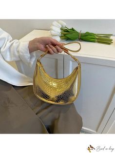 Bird in Bag - Leather Embossed Metallic Hobo Bag Gold Faux Leather Shoulder Bag With Large Capacity, Gold Large Capacity Faux Leather Bag, Gold Faux Leather Everyday Shoulder Bag, Gold Faux Leather Shoulder Bag For Everyday, Everyday Gold Faux Leather Bag, Gold Tote Mobile Phone Bag, Gold Faux Leather Shoulder Bag For Daily Use, Gold Tote Bag For Mobile Phone, Gold Satchel Baguette Bag For Shopping