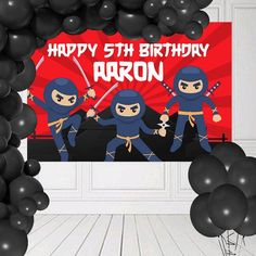 a birthday card with ninjas on it and balloons in the shape of letters that say happy 5th birthday aaron