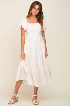 Cream Flutter Sleeve Midi Dress– PinkBlush Wedding Dresses With Flutter Sleeves, Short Sleeve White Dress, White Flutter Sleeve Midi Dress, White Casual Midi Dress With Flutter Sleeve, White Feminine Midi Dress With Flutter Sleeves, White Flutter Sleeve Lined Dress, Knee Length Dress Outfit, White Playful Flutter Sleeve Dress, White Bridal Shower Dress