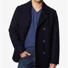 Navy Size Small. New Without Tags. It's A Beautiful Peacoat With A Flare Of Elegance. It Fit Me Too Big. Shoulders On The Peacoat Were Too Broad For Me. Great Price Compared To The Retail. Peacoat Men, Mens Sport Coat, Sports Blazer, Mens Hooded, Pea Coat, Mens Big And Tall, Baby Clothes Shops, Trendy Plus Size, Sport Coat