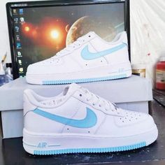 Custom Air Force 1 Baby Blue-shecustomize White Custom Sneakers With Waterproof Paint For Sports, Blue Waterproof Custom Sneakers For Sports, Blue Sporty Custom Sneakers With Waterproof Paint, Blue Waterproof Low-top Custom Sneakers, Shoe Embroidery, Shoe Artwork, Custom Shoes Diy, Custom Air Force 1, Mens Nike Shoes