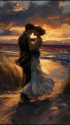 a painting of a man and woman embracing on the beach in front of an orange sunset