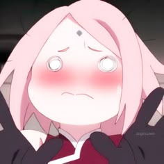 an anime character with pink hair and white eyes holding her hands up to her face