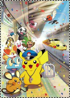 an image of pokemon and their friends at the train station with confetti falling from the ceiling