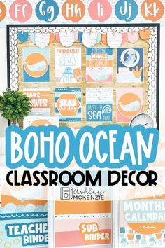 the boho ocean classroom decor is displayed in front of a bulletin board with words on it