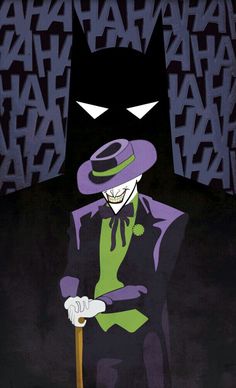 the joker in batman comics is looking down at his hat and holding a cane with both hands