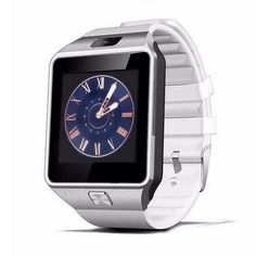 a white smart watch with roman numerals on the face and a blue dial