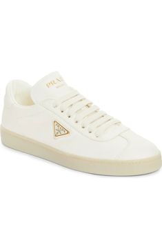 Prada Lane Triangle Logo Deerskin Leather Sneaker (Women) | Nordstrom White Sneakers Women, A Signature, White Shoes Women, Latest Sneakers, Deer Skin, Triangle Logo, Perforated Leather, Shoes Heels Pumps, Sneakers Blue