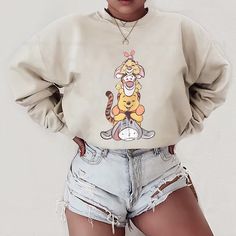 Winnie The Pooh Shirt Ideas, Winnie The Pooh Outfit Ideas, Winnie The Pooh Clothes Women, White Disney Sweatshirt For Fall, White Disney Long Sleeve Sweatshirt, White Long Sleeve Disney Sweatshirt, Disney Long Sleeve Relaxed Fit Top, Disney Style Long Sleeve Tops With Relaxed Fit, Disney Tops With Relaxed Fit And Long Sleeve