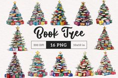 christmas trees made out of books are shown in this graphic art workbook, with the words'book tree'written on them