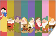 snow white and the seven dwarfs are lined up in a row on a multi - colored striped background