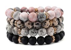 Our Pink Zebra Jasper Beaded Stretch Stacking Bracelet fits perfectly with so many styles! Blush pink, gray, whites, and black modled jasper paired with rosie gold spacers for a touch of shine. Wears wonderfully with other bracelets or alone. Please note: This is a final sale product and no returns or exchanges are accepted. Product requires extended processing and shipping time. Amazonite Bead Bracelet, Marble Bracelet, Memory Wire Wrap Bracelets, Semi Precious Stone Bracelet, Stone Bracelets, Lava Bracelet, Dalmatian Jasper, Wire Wrapped Bracelet, Natural Stone Bracelets