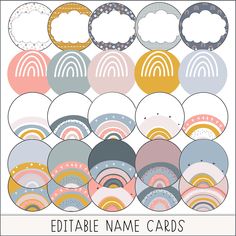 the editable name cards are designed with different colors and shapes, including circles, dots,