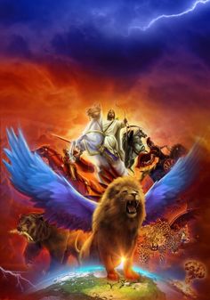 the lion and the unicorn are riding on top of each other with their wings outstretched