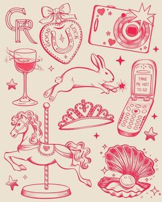 an image of various items that are drawn in red ink on white paper, including a phone