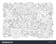 an abstract drawing of gears and machinery in black and white