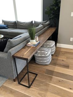 a living room with a couch, coffee table and ottoman