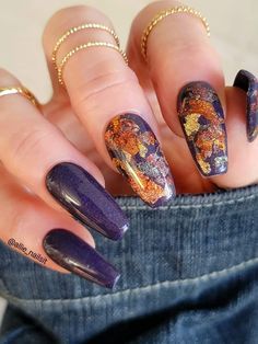 Holiday Foil Nails, Dip Powder Nail Ideas Fall, Fall Nails With Jewels, Dark Purple And Orange Nails, Fall Multi Colored Nails, Fall Floral Nail Art, Fall Chrome Nail Designs, Fall Nails With Foil, Short Fall Nails 2024 Trends