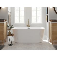 a white bath tub sitting in a bathroom next to two wooden drawers and a mirror