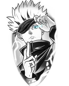 a drawing of an anime character holding a cell phone in his hand with lightning behind him