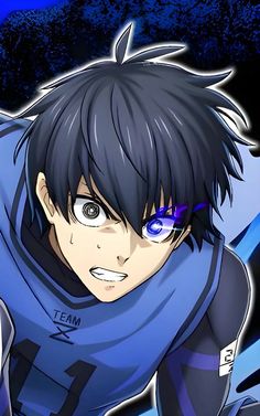 an anime character with black hair and blue eyes