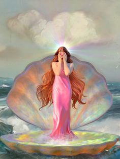 a painting of a woman in a pink dress standing on an ocean shell with her hands to her face