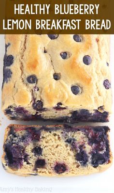 blueberry lemon breakfast bread is cut in half and stacked on top of each other