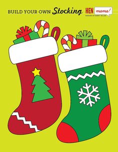 two christmas stockings with presents on them and the words build your own stocking here