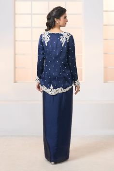 Navy jacket with contrasting hand embroidery. Comes with matching embroidered bustier and embroidered waistband draped dhoti skirt. - Aza Fashions Elegant Royal Blue Lehenga For Eid, Royal Dresses With Zari Work, Elegant Royal Blue Sets With Zari Work, Traditional Blue Sets With Pearl Embroidery, Elegant Royal Blue Traditional Wear For Eid, Elegant Royal Blue Set With Resham Embroidery, Elegant Royal Blue Saree Set, Elegant Long Sleeve Royal Blue Traditional Wear, Elegant Royal Blue Long Sleeve Traditional Wear