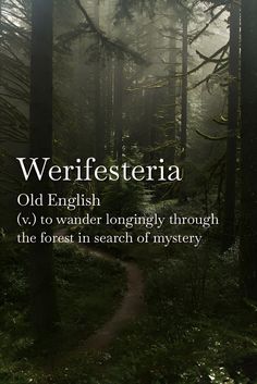 a path in the middle of a forest surrounded by tall trees with text that reads, werffesteria old english v to wander longingly through the forest in search of mystery