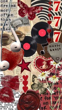 a collage of music related items including headphones, hearts, and other things