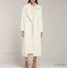 Lasaky - Elegant Winter Long White Coat with Double Breasted Notched Lapel Long White Coat, White Winter Coat, Convertible Collar, Winter Collars, White Coat, Double Breasted Coat, Winter White, Mandarin Collar, Olivia Mark