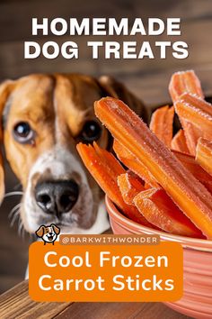 a dog looking at some frozen carrot sticks in a bowl with the caption, homemade dog treats cool frozen carrot sticks