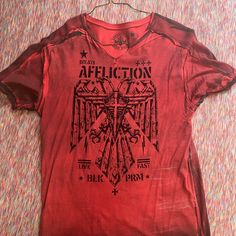 Affliction Short Sleeved V Neck Shirt, Never Worn, Like New Condition Distressed Red Tops For Streetwear, Red Distressed Top For Streetwear, Red Distressed Cotton Top, Red Distressed Short Sleeve T-shirt, Affliction Shirts, V Neck Shirt, Neck Shirt, Shirt Color, Colorful Shirts