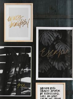 three framed art pieces with black and gold lettering on them, including one that says escape