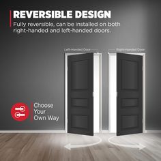 an open door with the words reversible design and options to choose between them