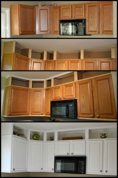 four pictures of different types of kitchen cabinets and microwaves in various stages of being built