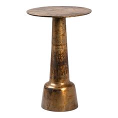 an antique brass pedestal table with a wooden top and metal base, isolated against a white background