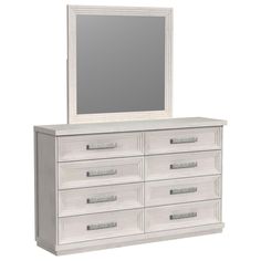 a white dresser with a mirror on top and drawers in front of it, against a white background