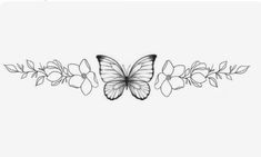 a black and white drawing of a butterfly with flowers on it's back side