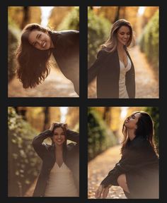 four different pictures of a woman posing for the camera, with her hair blowing in the wind