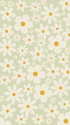 a green background with white flowers and yellow dots on the bottom half of the image